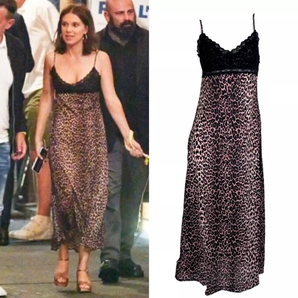 Rixo Attiya Lace-trimmed Leopard Slip midi Dress Millie Bobby Brown